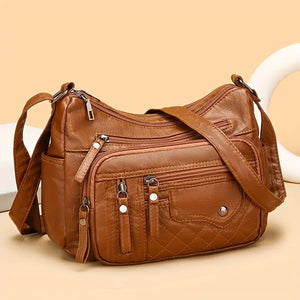 (Buy 1 Get 1 Free) Soft Vegan  Large Capacity Multi Zipper Leather Shoulder Bag
