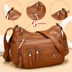 (Buy 1 Get 1 Free) Soft Vegan  Large Capacity Multi Zipper Leather Shoulder Bag